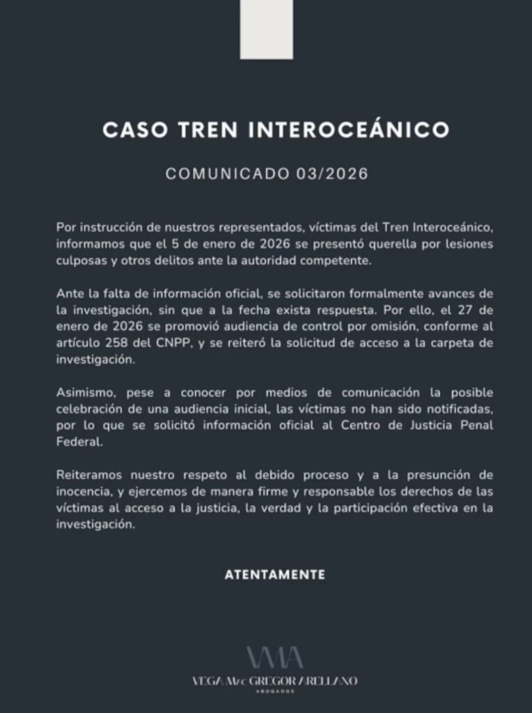 comunicado víctimas del Tren Interoceánico