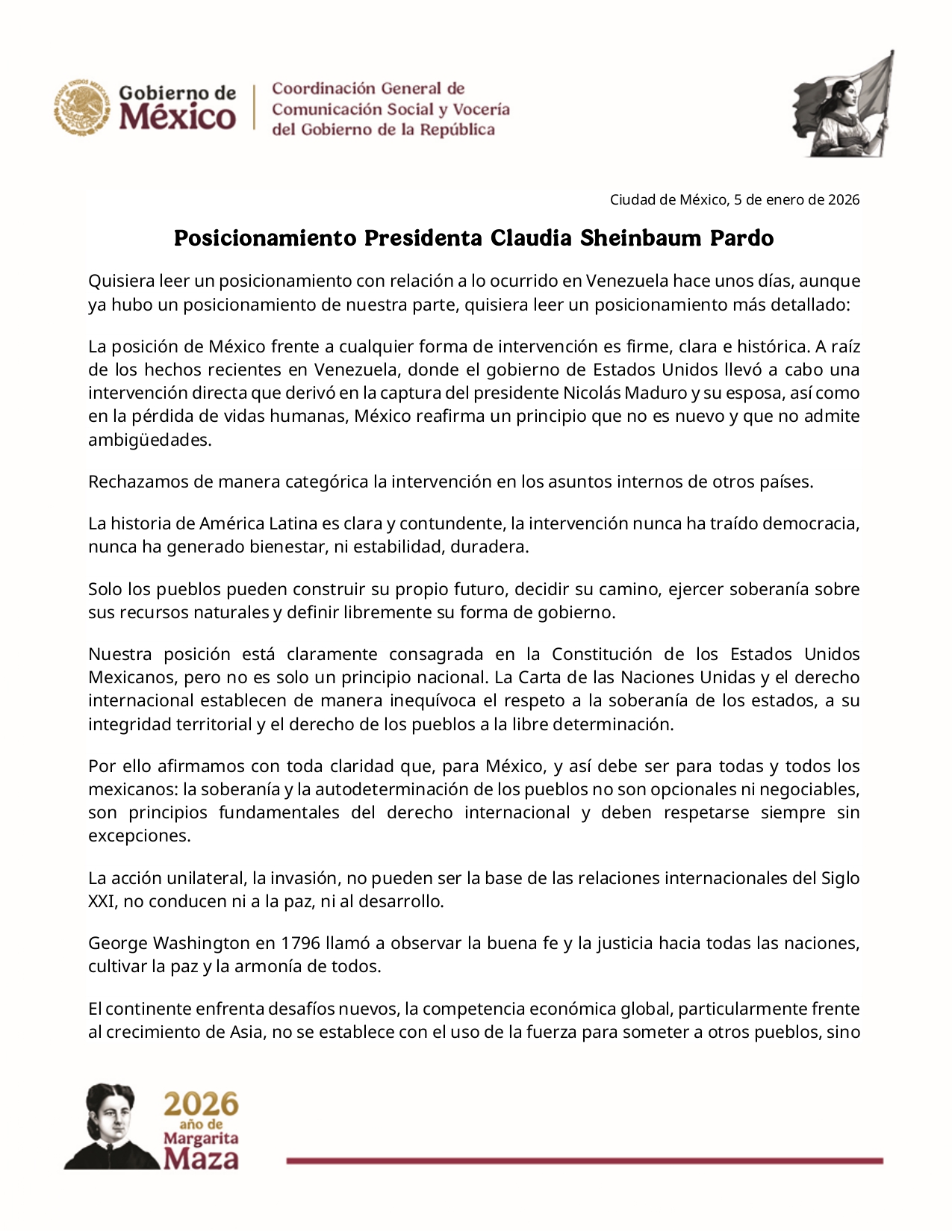 Sheinbaum fija postura ante intervención de EU en Venezuela