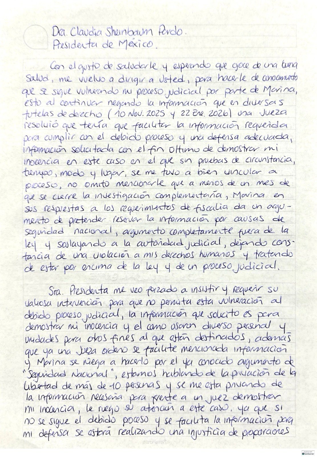 Marino detenido por huachicol envía carta a Sheinbaum