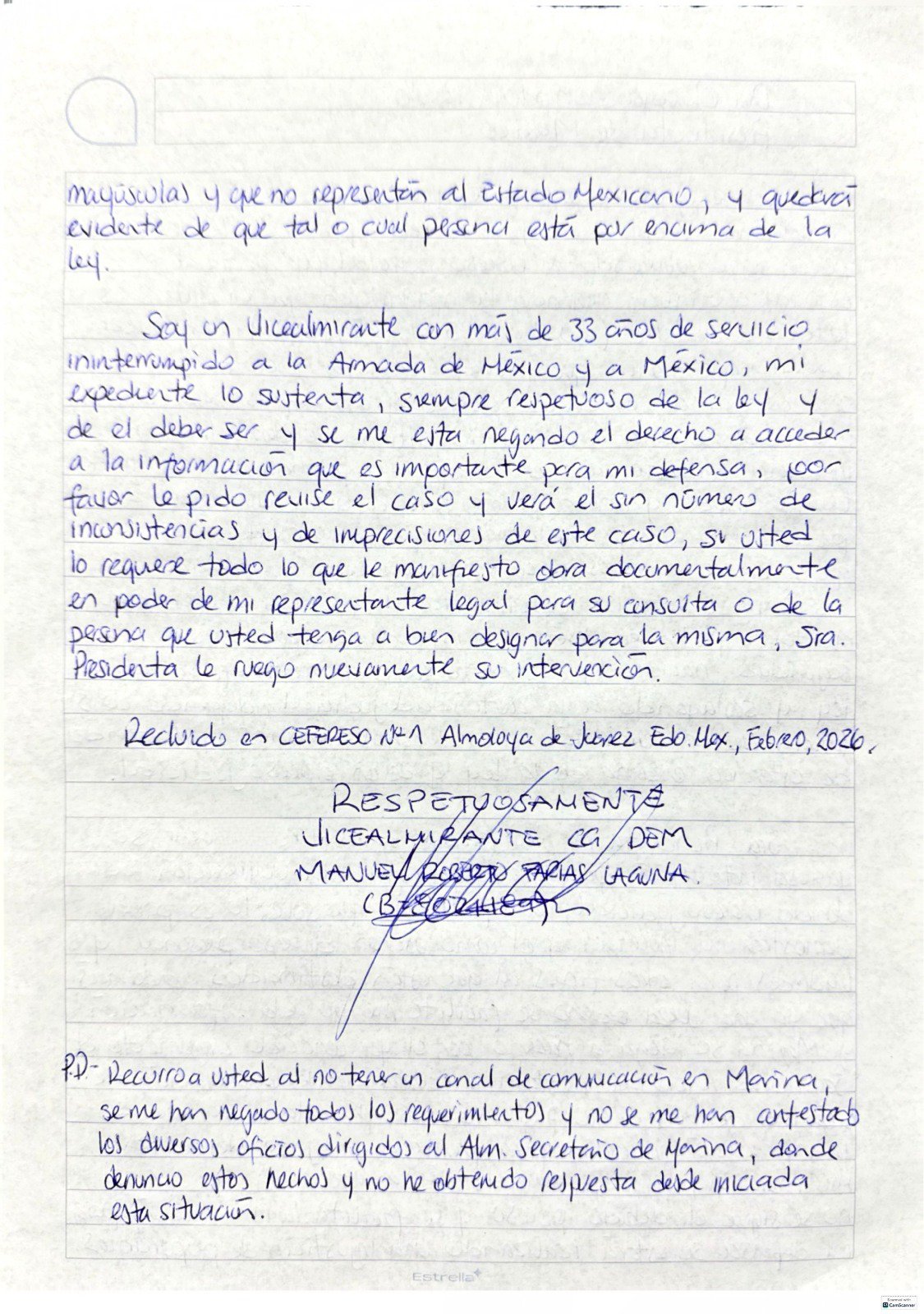 Marino detenido por huachicol envía carta a Sheinbaum