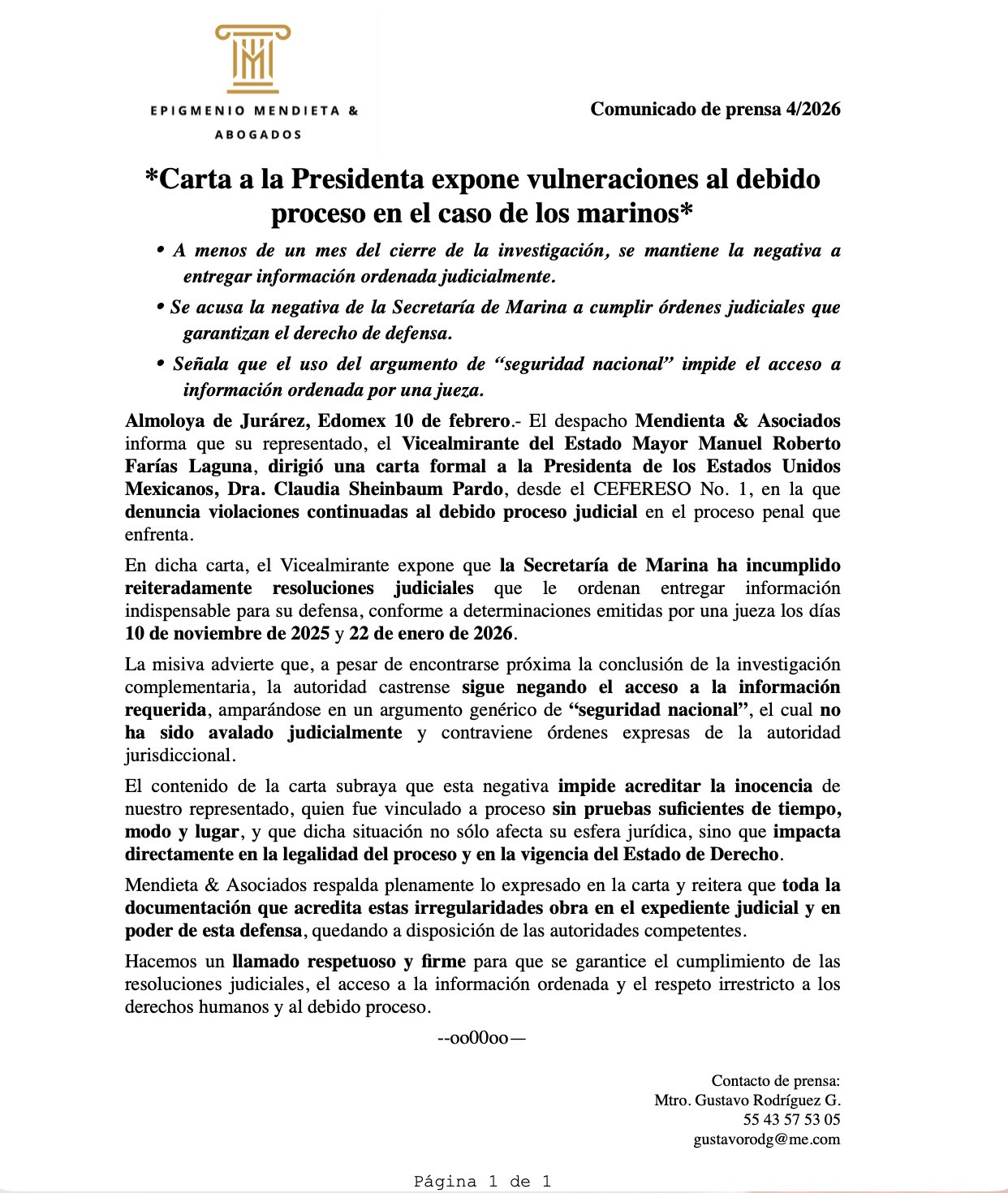 Marino detenido por huachicol envía carta a Sheinbaum