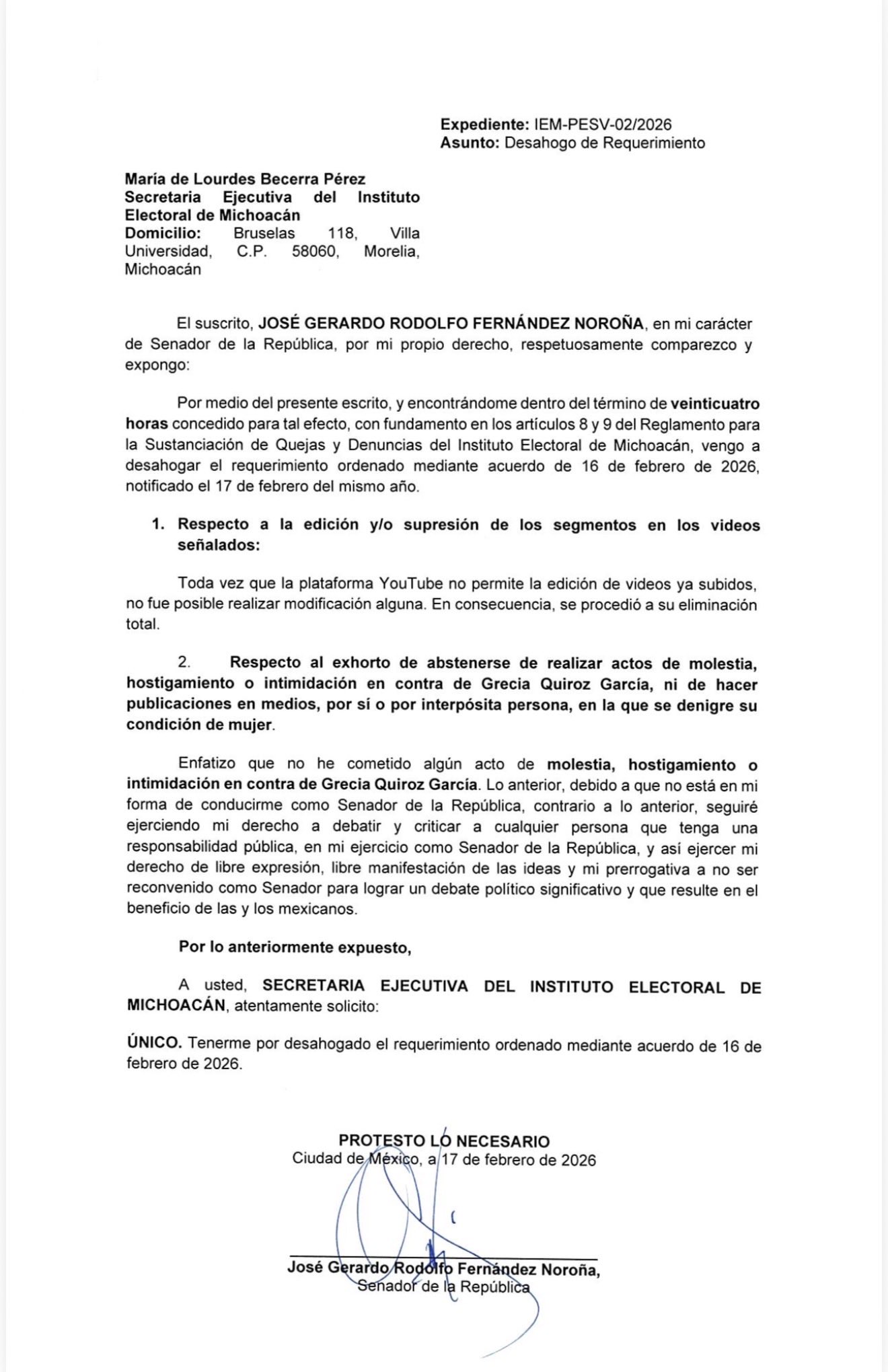 Comunicado IEM Fernández Noroña