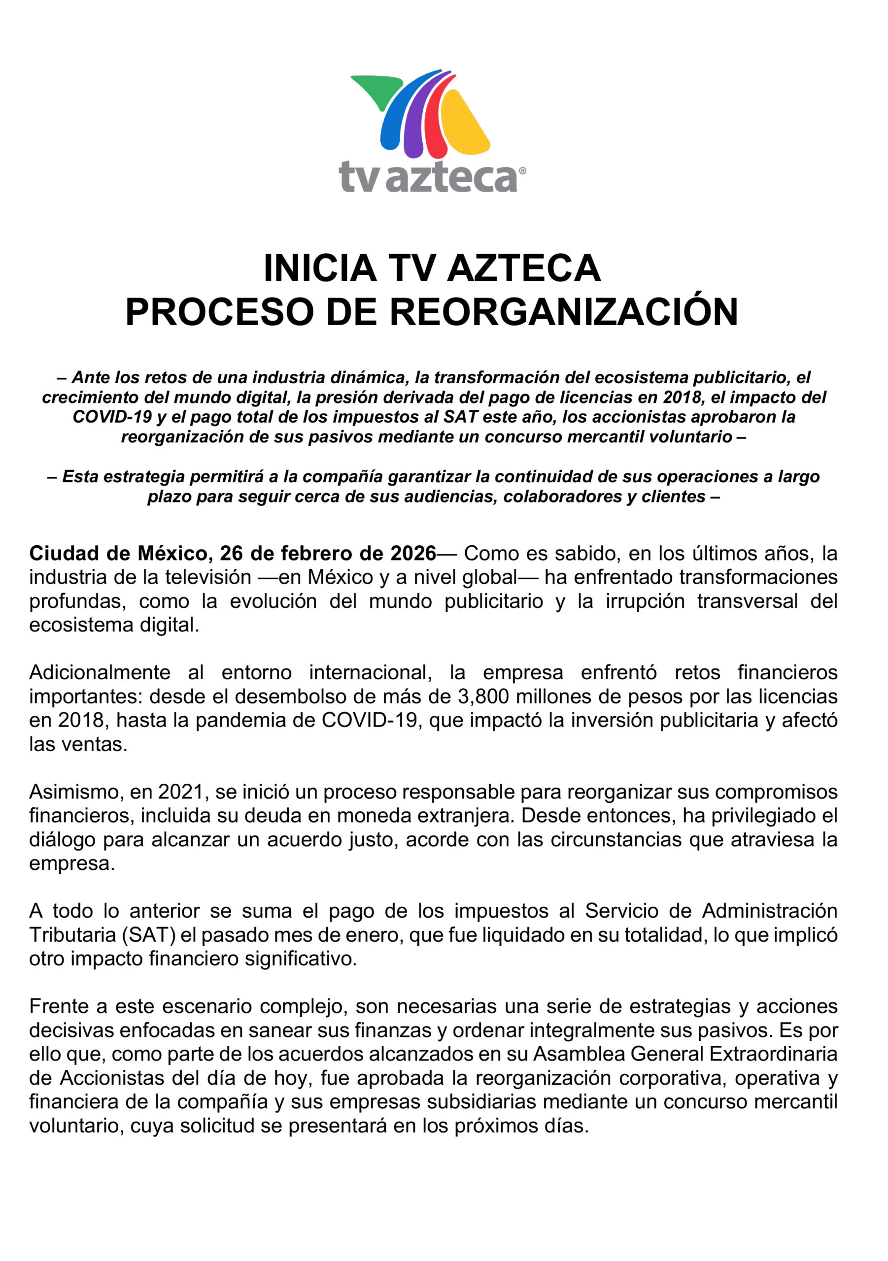 Comunicado reorganización TV Azteca