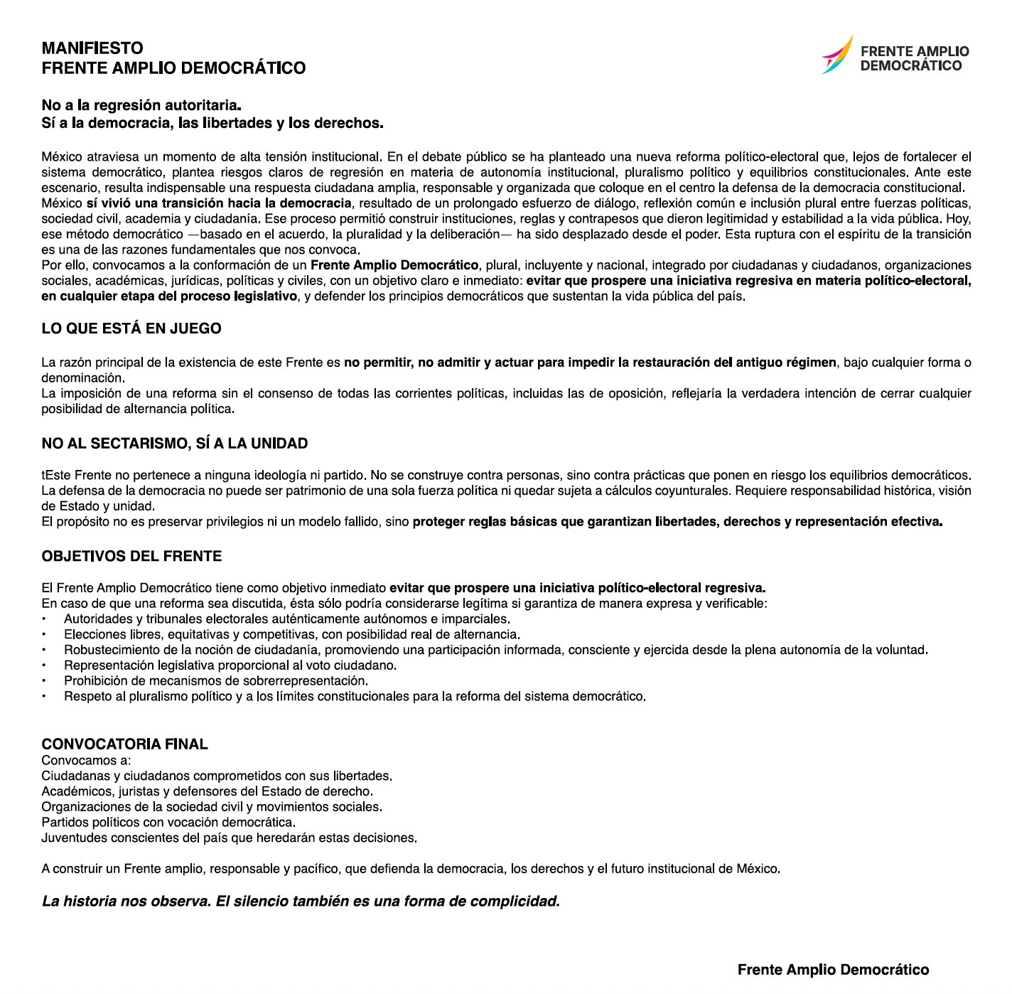 Frente Amplio Democrático manifiesto