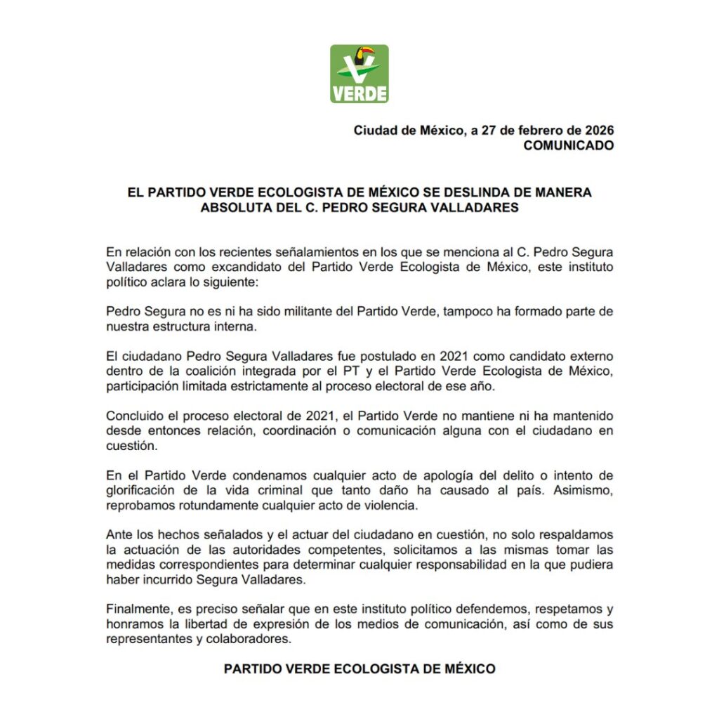 Partido Verde se deslinda de Pedro segura