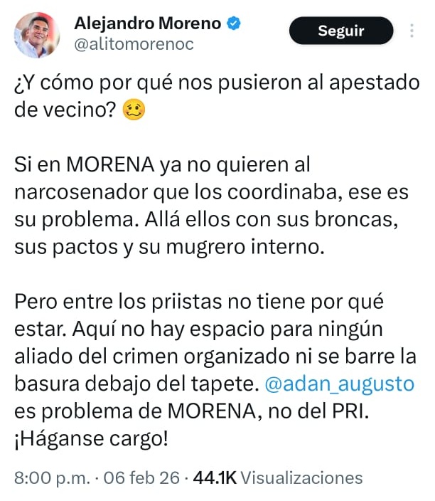 Publicación de Alito contra Adán Augusto