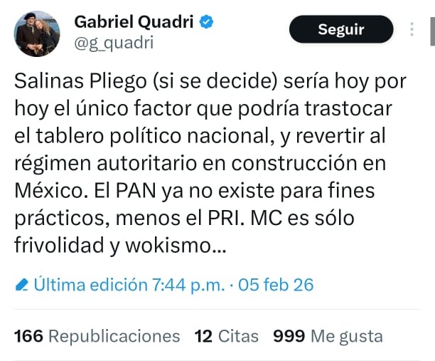 Quadri envía mensaje a Salinas Pliego