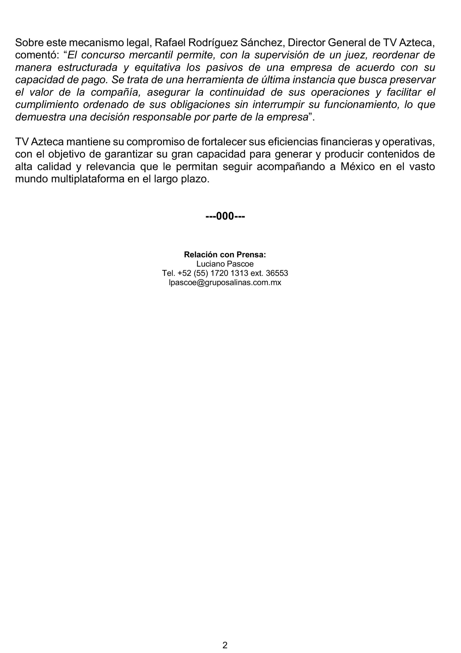 Reorganización TV Azteca comunicado