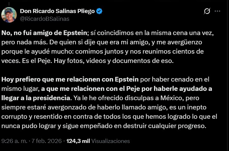 Salinas Pliego acepta haber cenado con Epstein