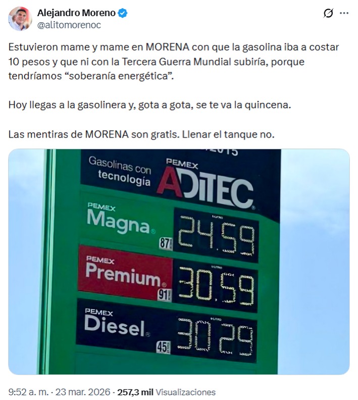 Alito Moreno culpa a Morena de precio de gasolina