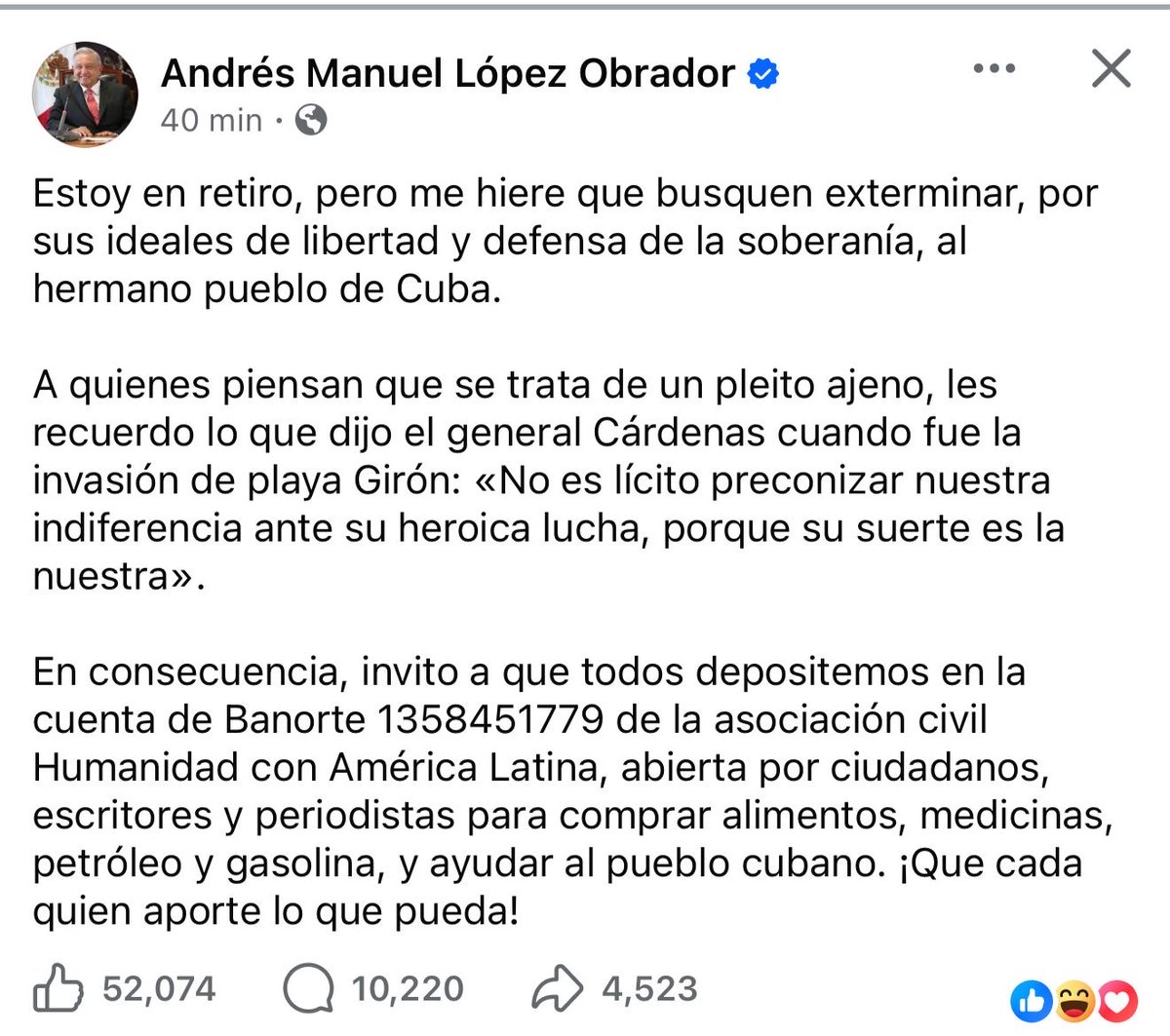AMLO llama a la solidaridad con Cuba