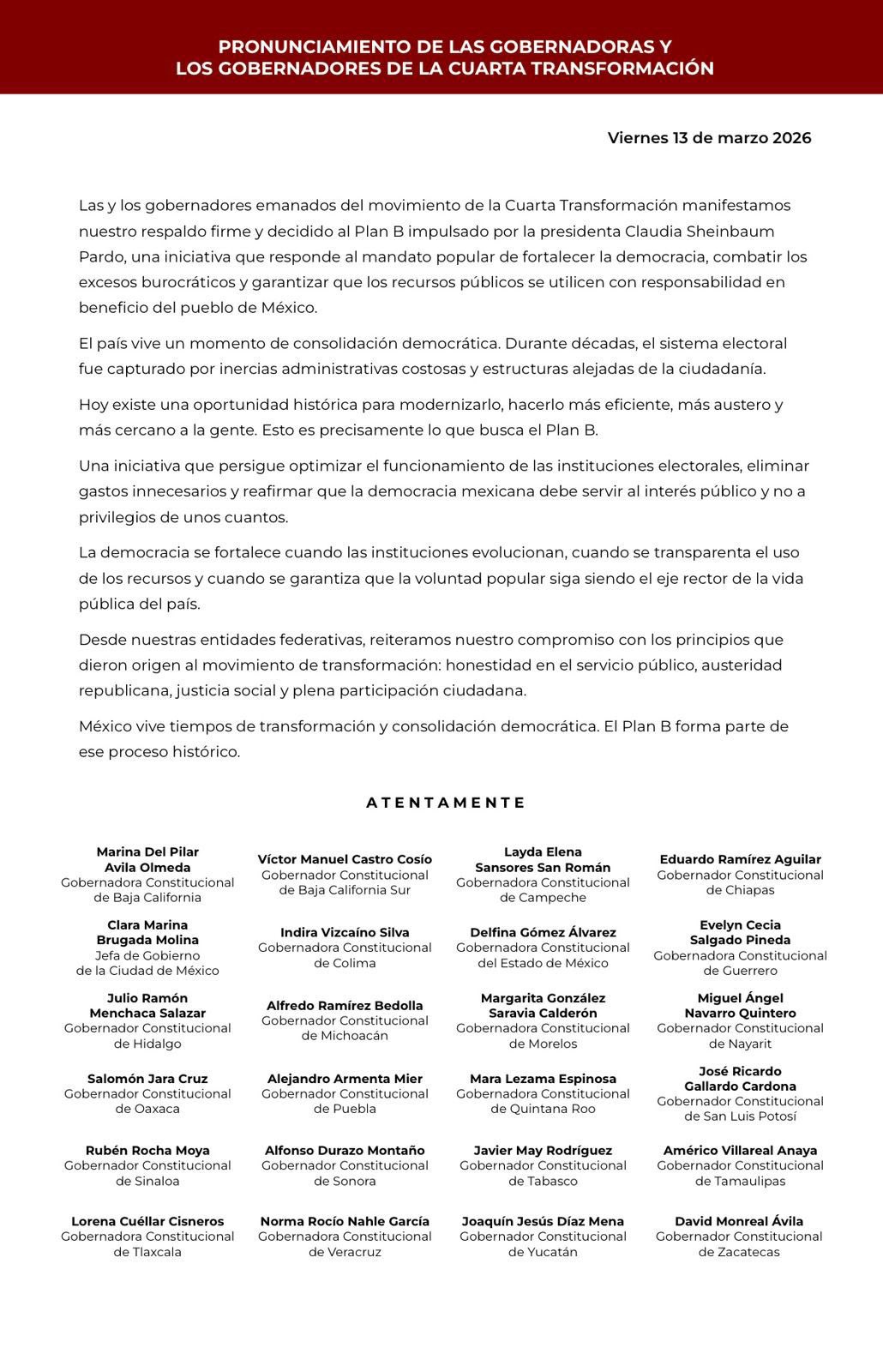 Comunicado gobernadores Plan B