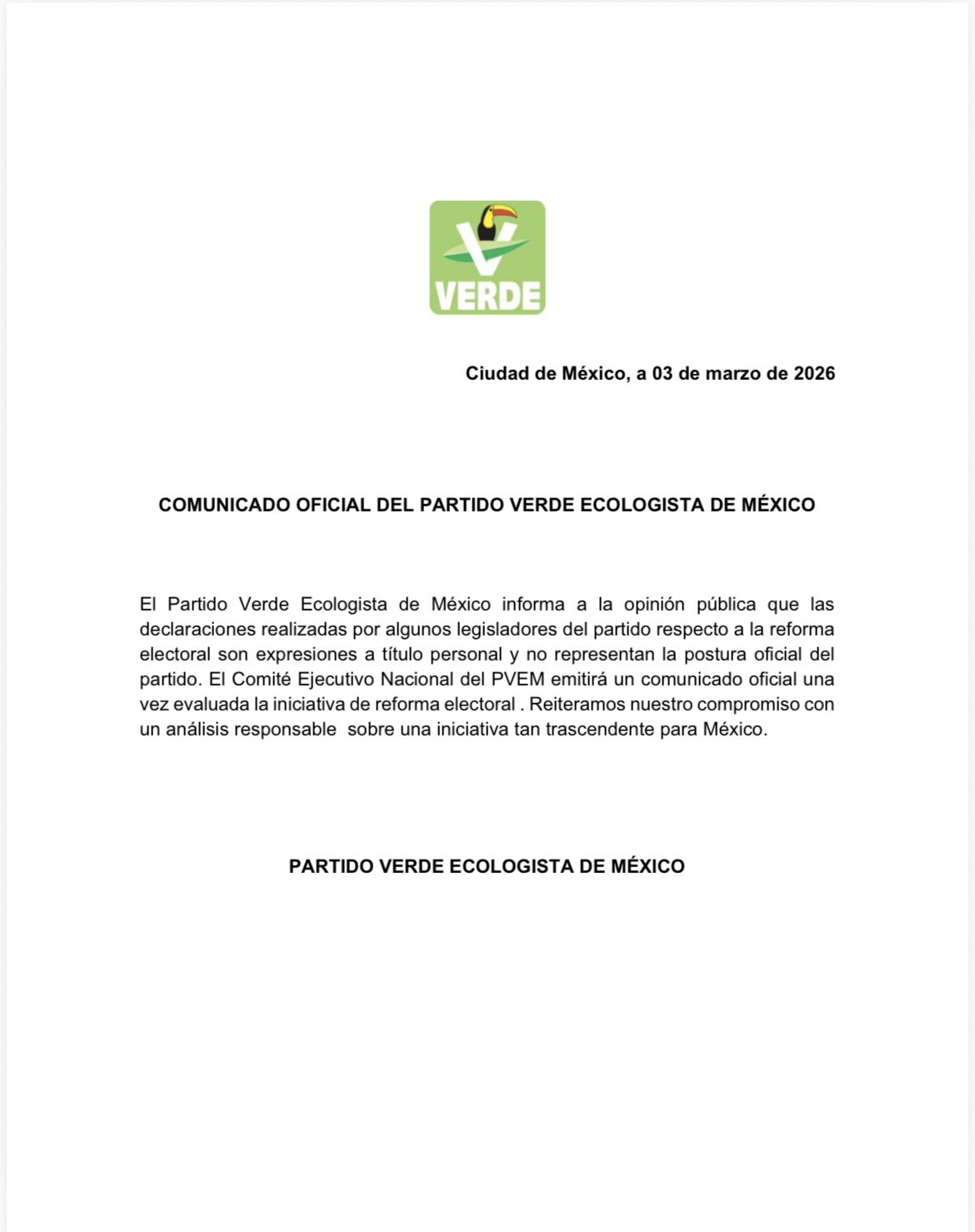 Comunicado Partido Verde