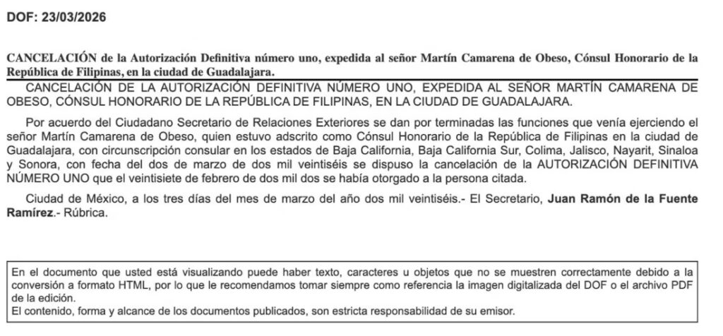 Comunicado SRE, De la Fuente