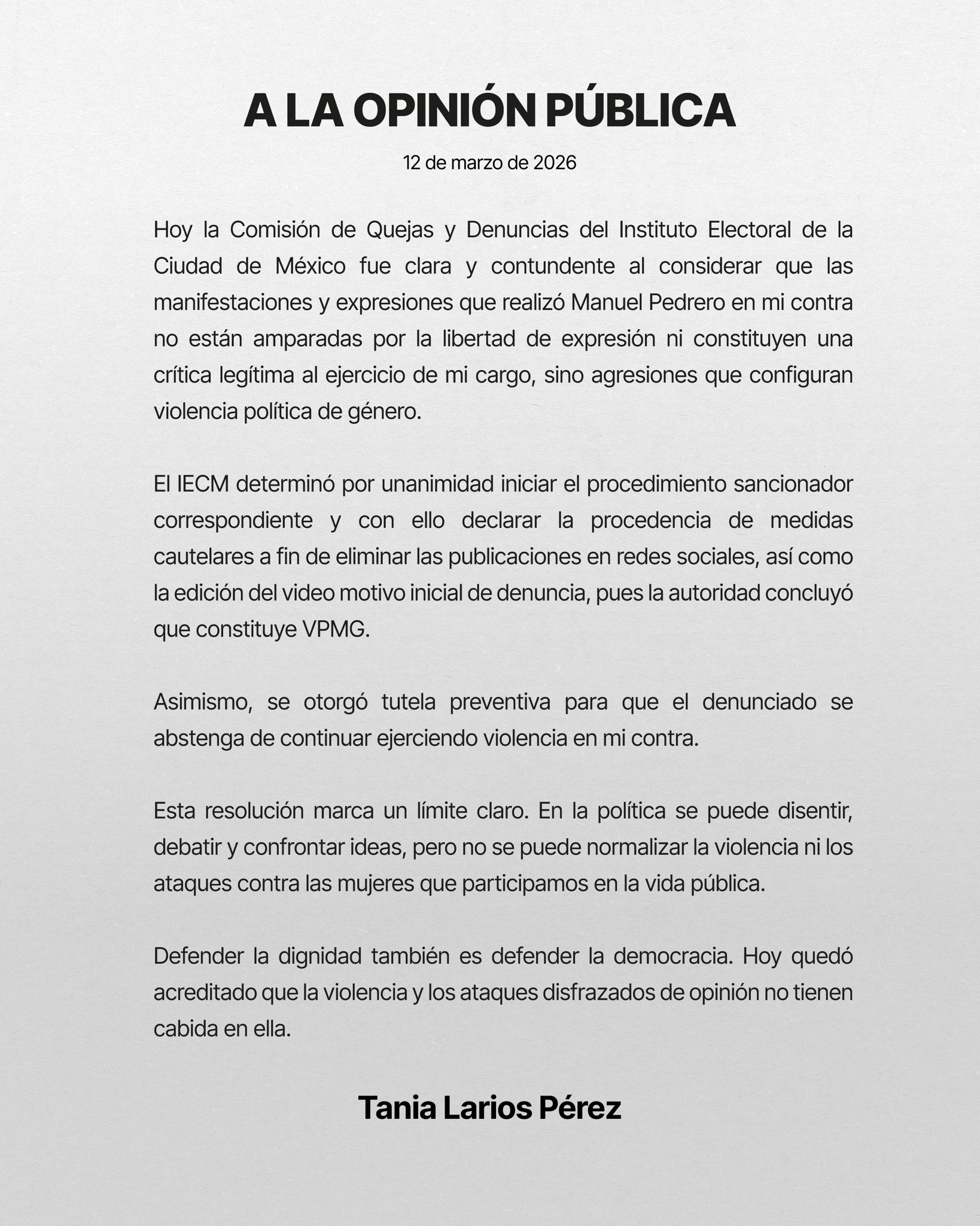 Comunicado Tania Larios