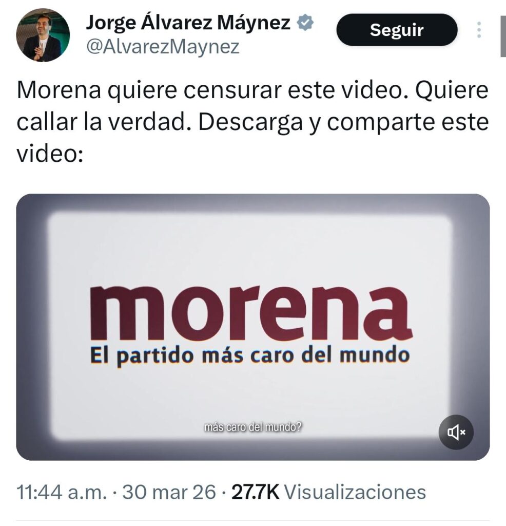 Máynez acusa a INE por spot