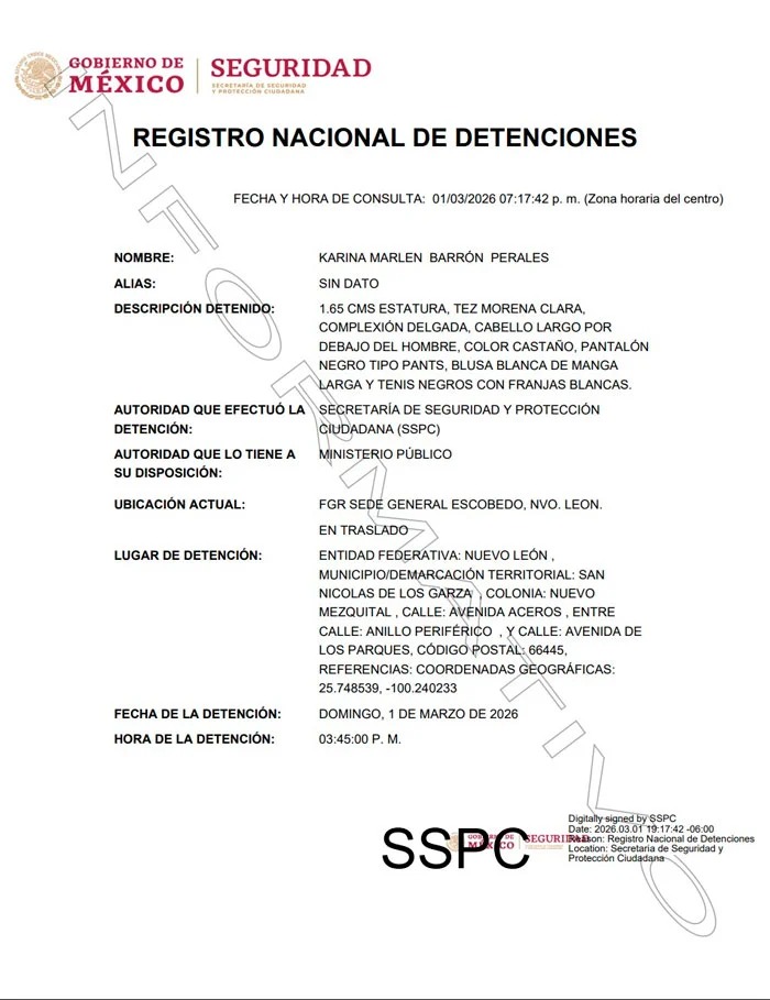 Registro Nacional de Detenciones confirma detención de Karina Barrón