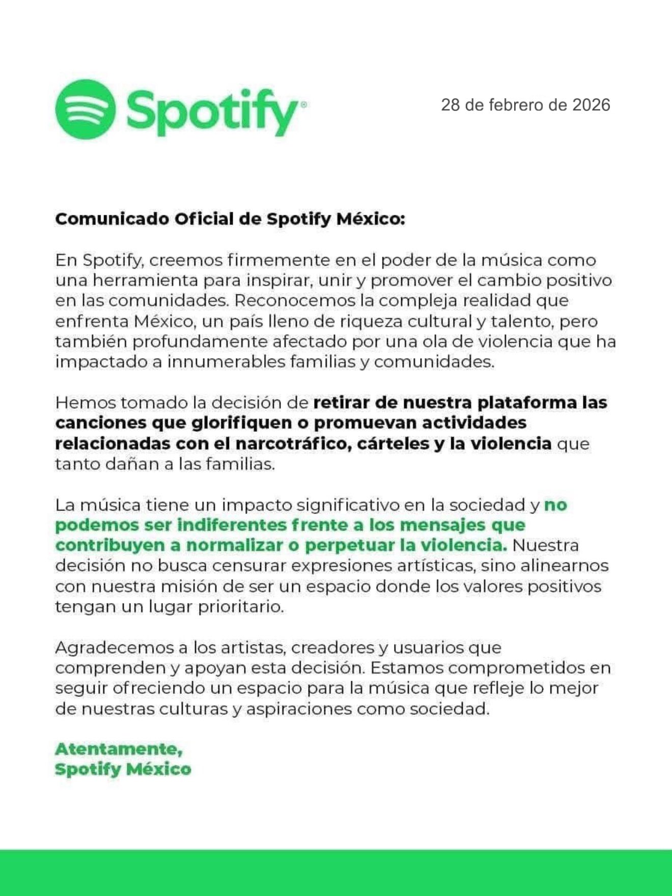 Spotify comunicado 