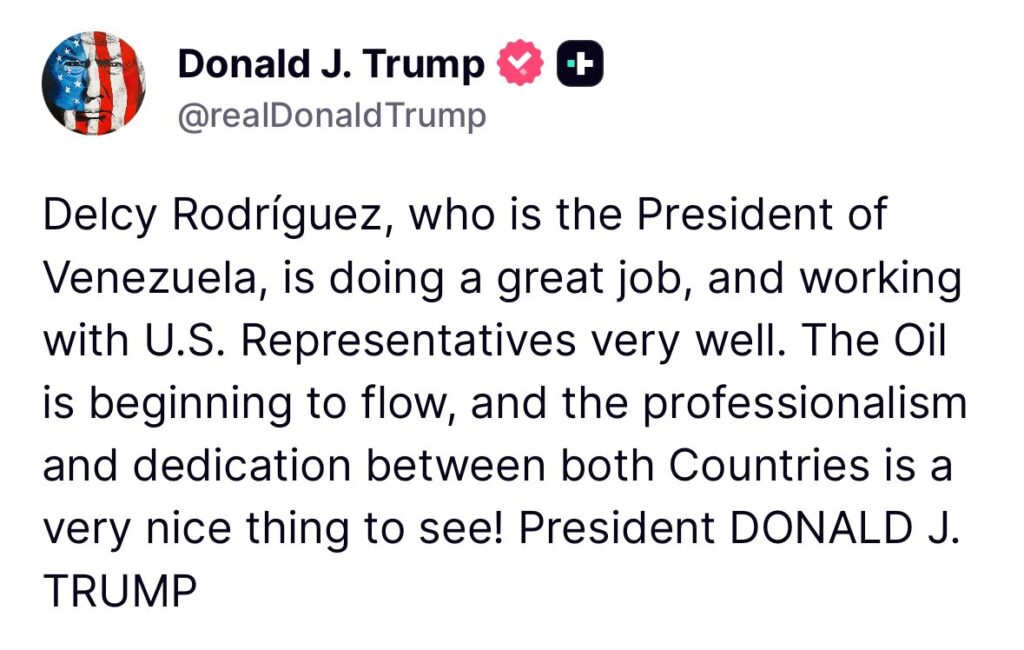 Trump reconoce a Delcy Rodríguez