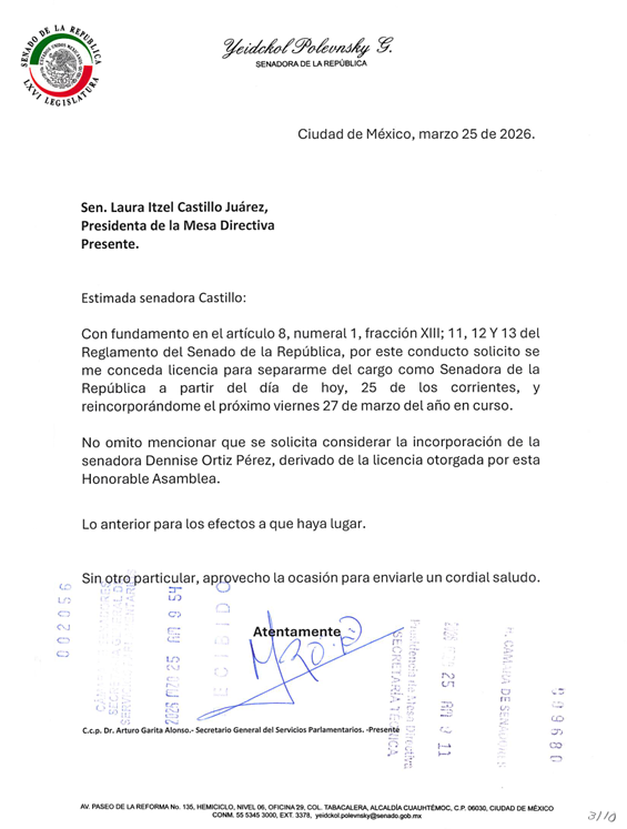 Yeidckol Polevnsky pide licencia previo a votar el Plan B