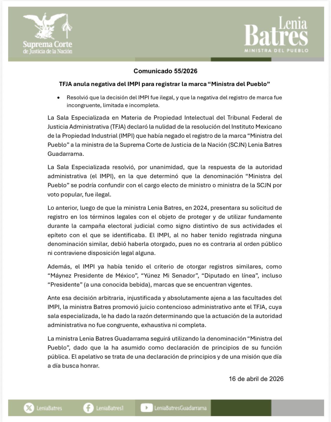 Comunicado Lenia Batres