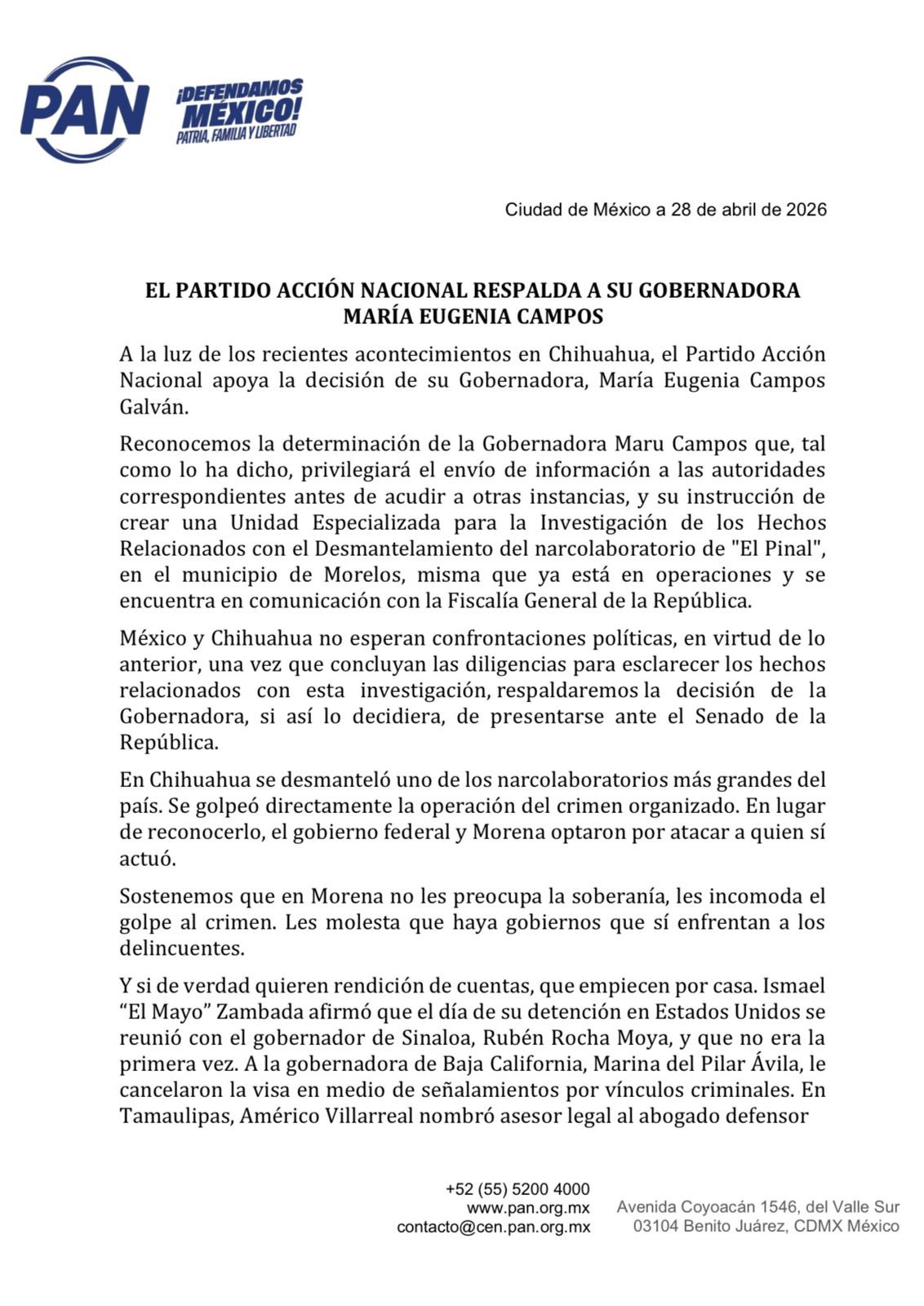 Comunicado PAN respaldo Maru