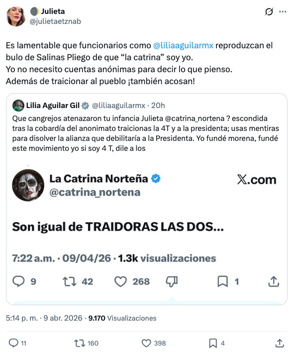 Julieta Villegas niega vínculo con La Catrina Norteña
