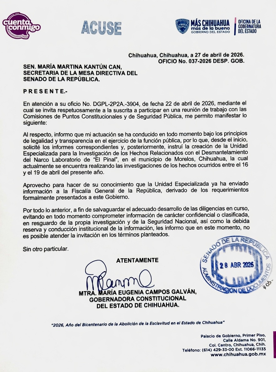 Maru Campos falta al Senado