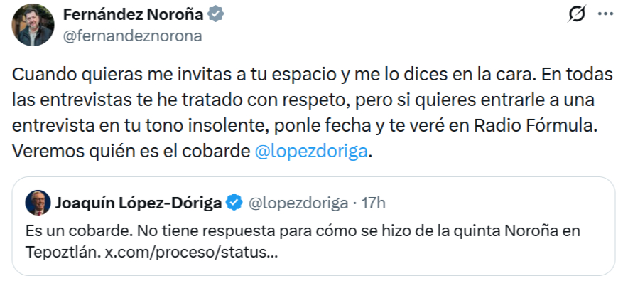 Noroña exhibe a oposición y reta a López-Dóriga a que le dé una entrevista 