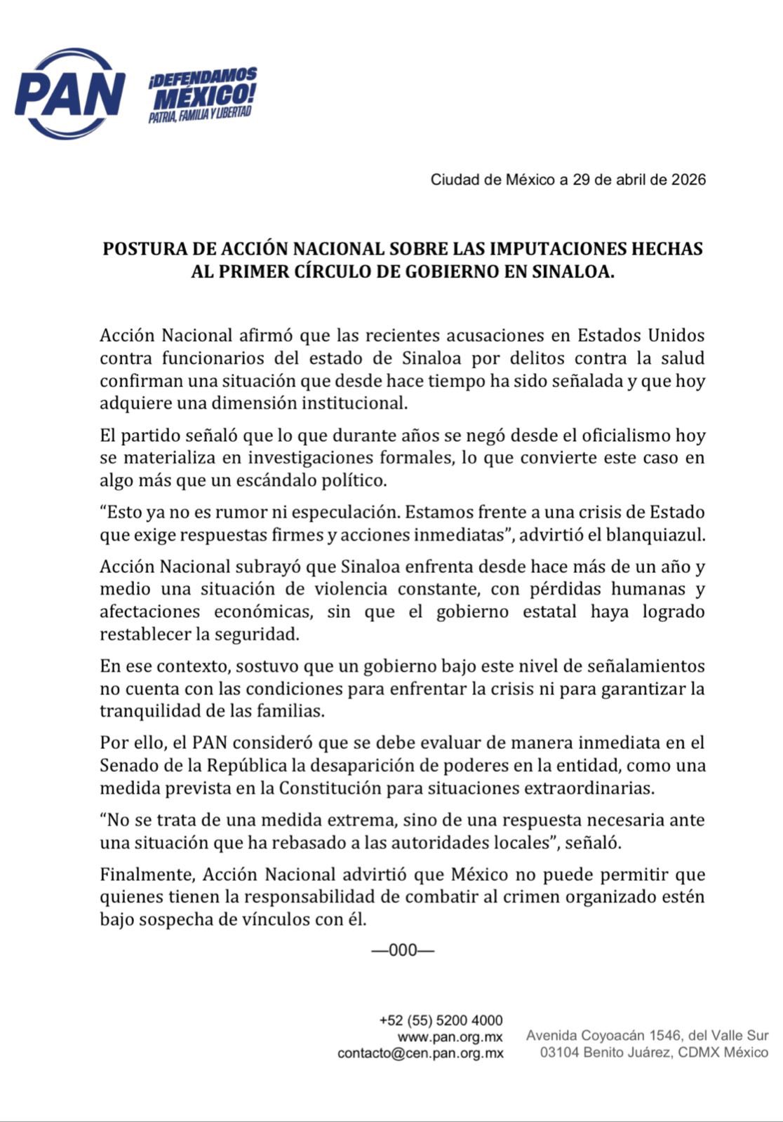 PAN pide desaparición de poderes en Sinaloa por crisis