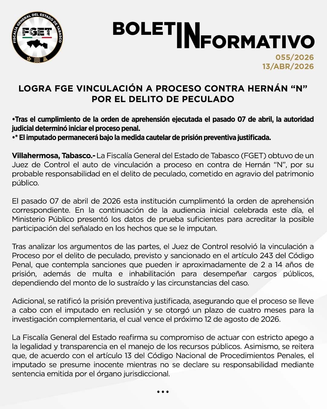 Vinculan a proceso a Hernán Bermúdez Requena por peculado