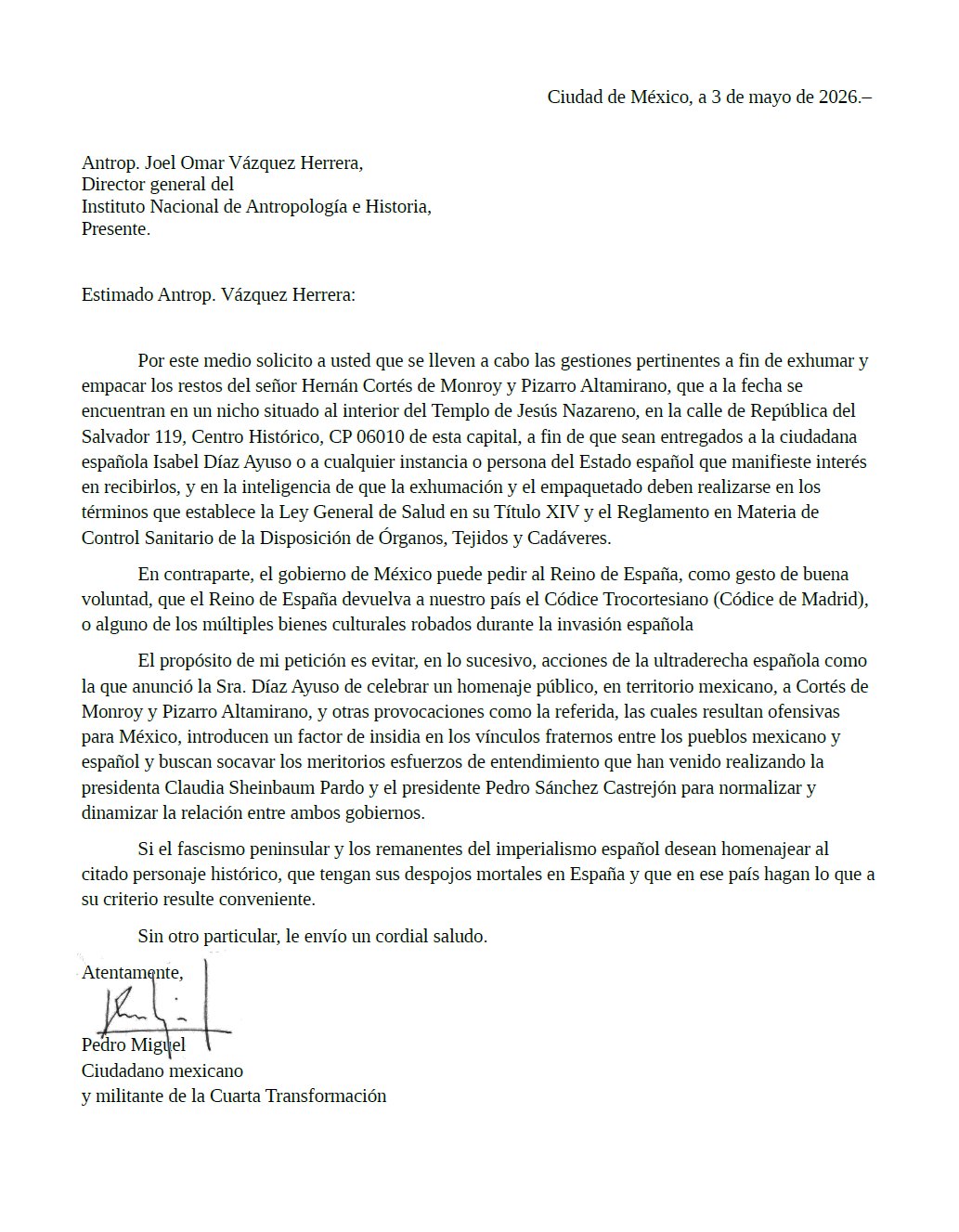 Carta restos Hernán Cortés