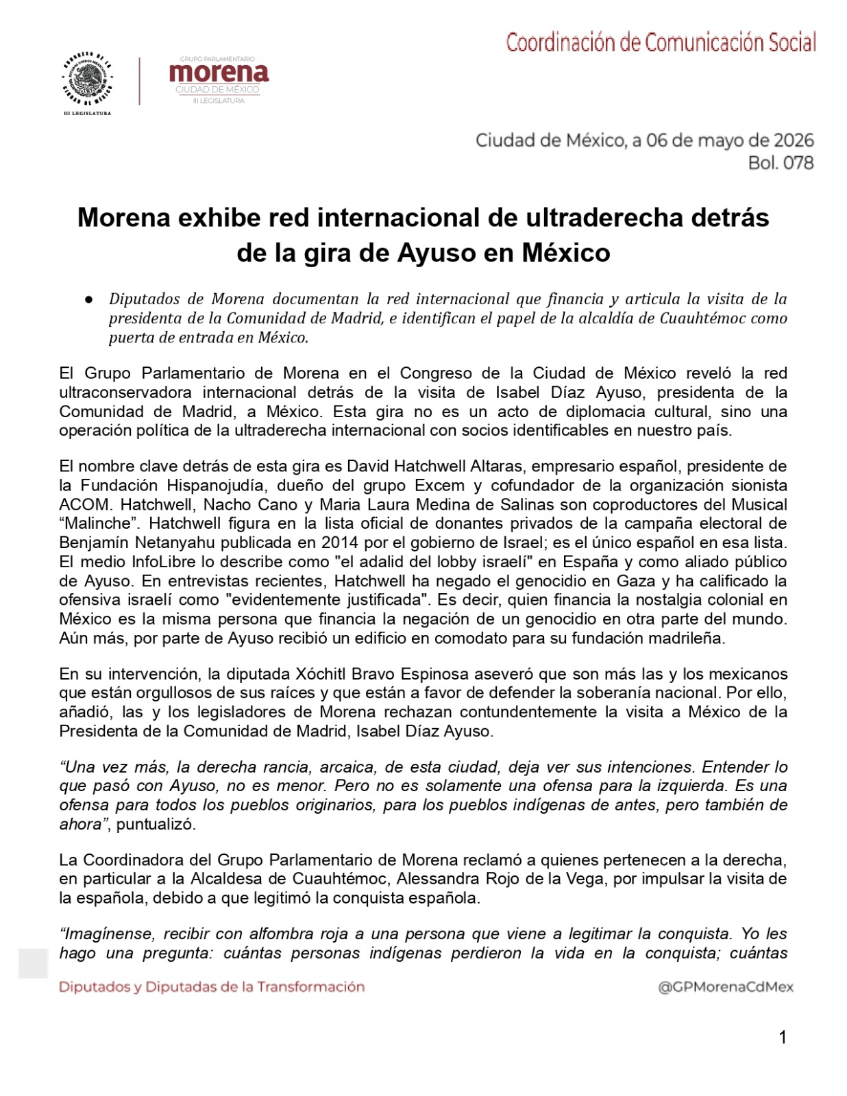 Comunicado Díaz Ayuso Morena