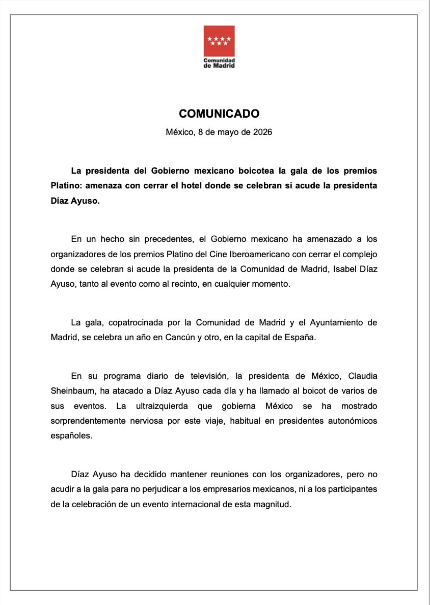 Comunicado Díaz Ayuso