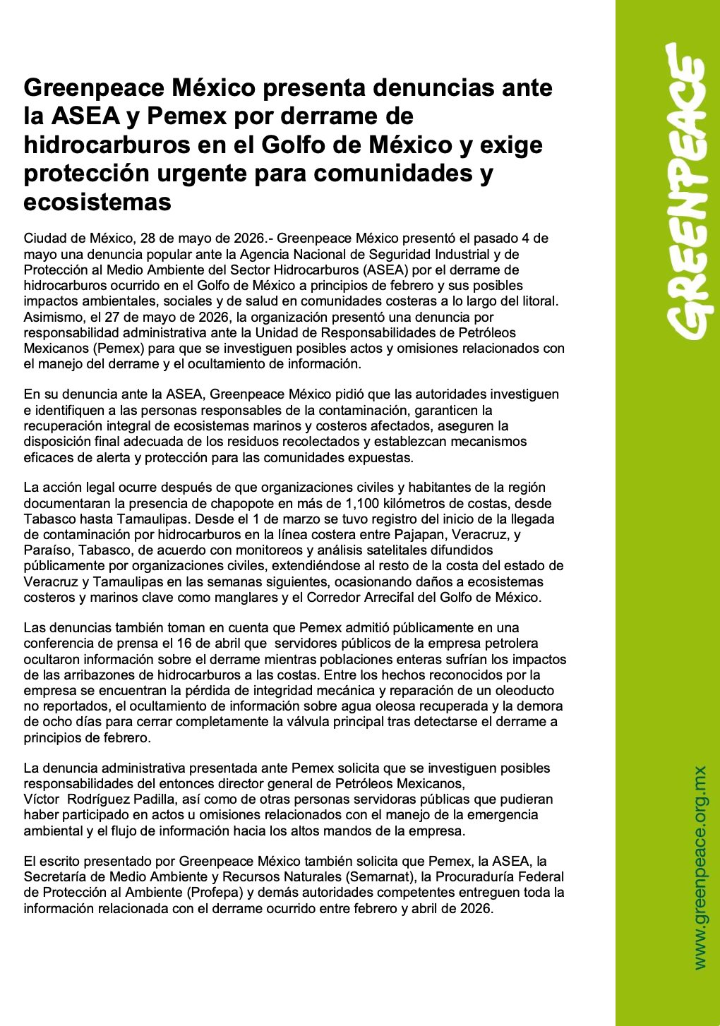 Comunicado Greenpeace Pemex