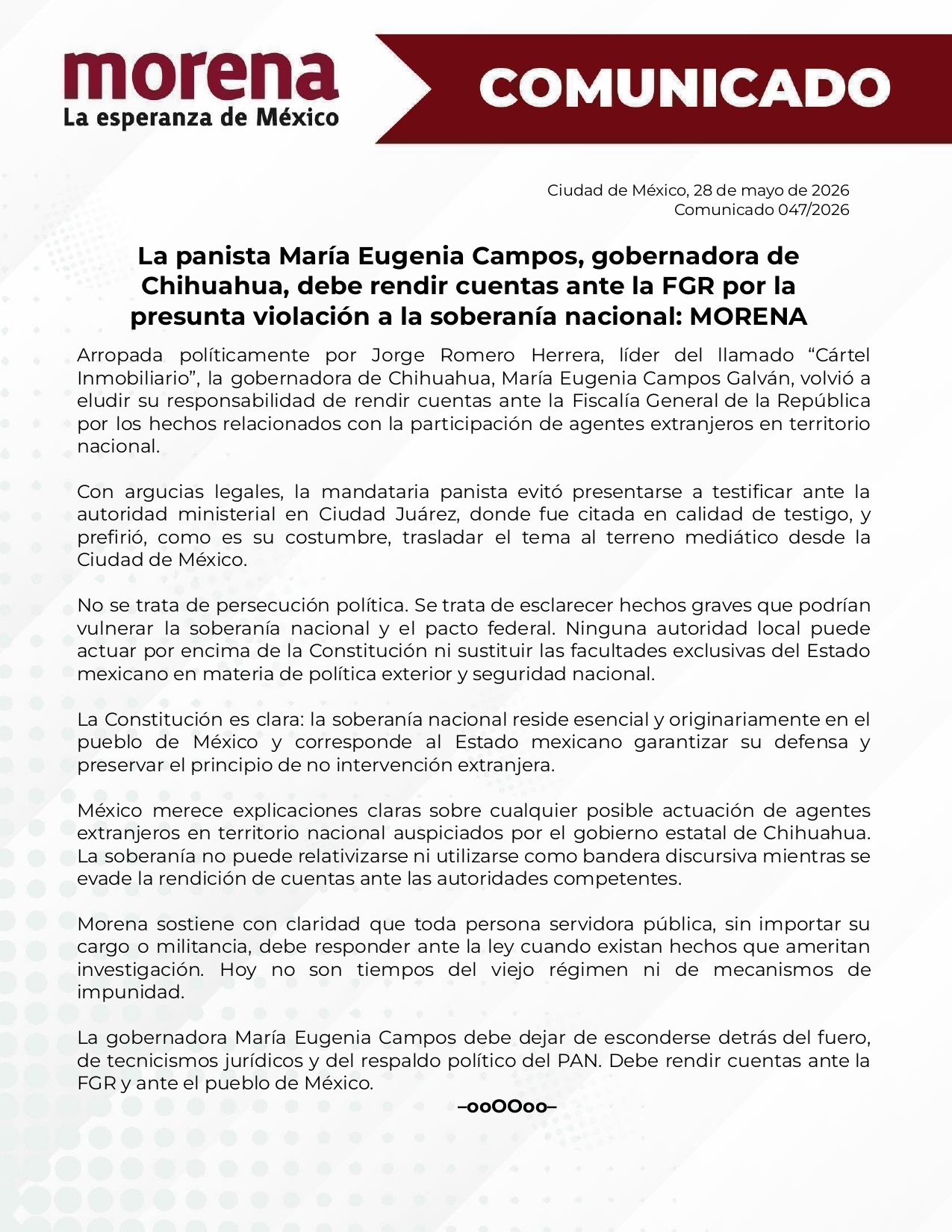 Comunicado Morena Maru Campos 