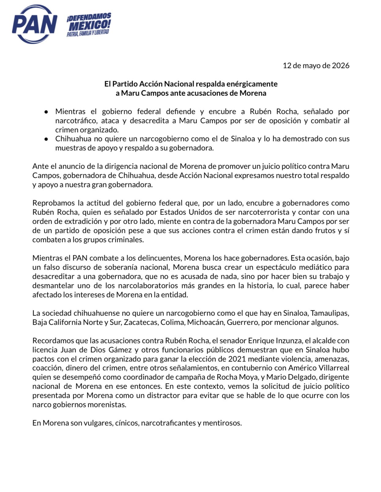 Comunicado del PAN y Gobernadores del PAN 