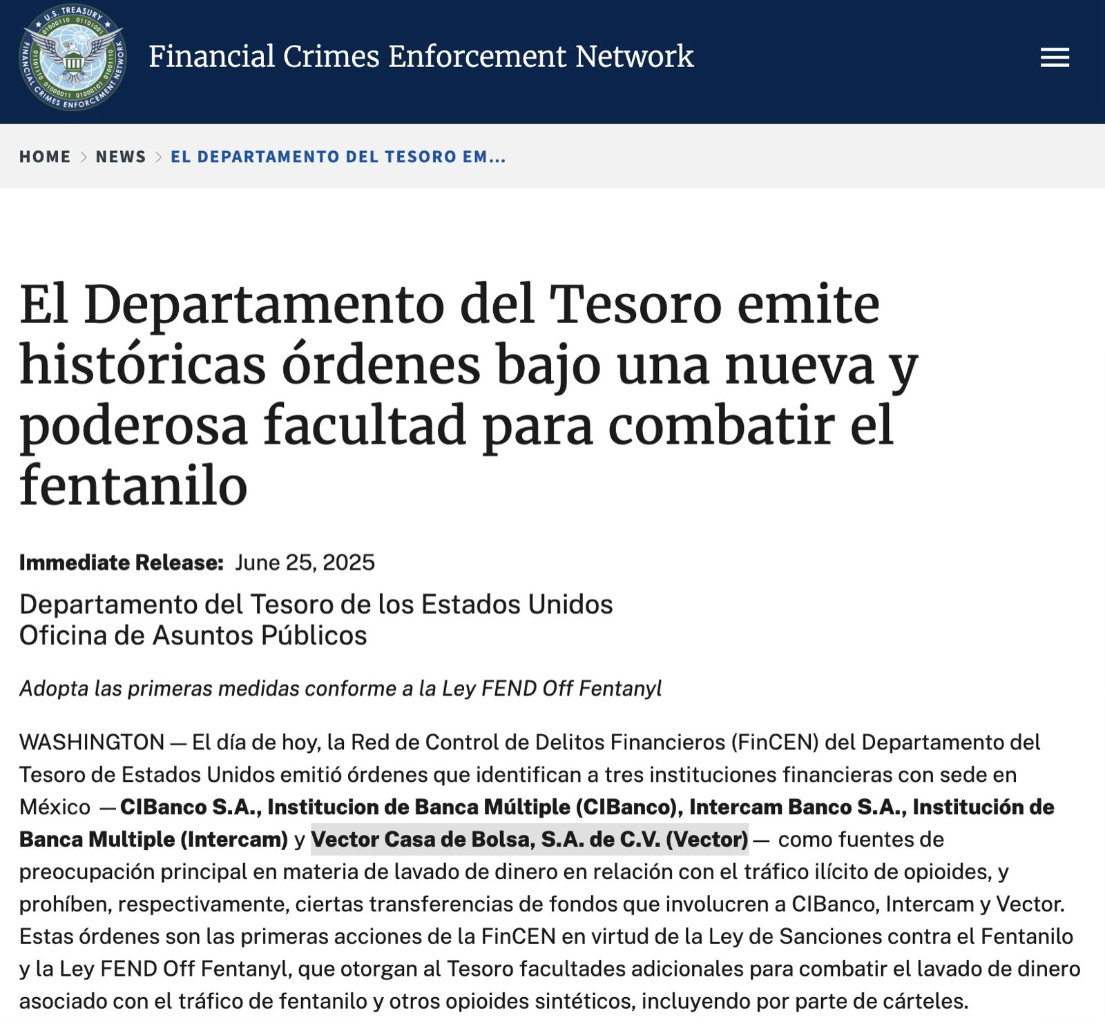 Comunicado sanciones Vector