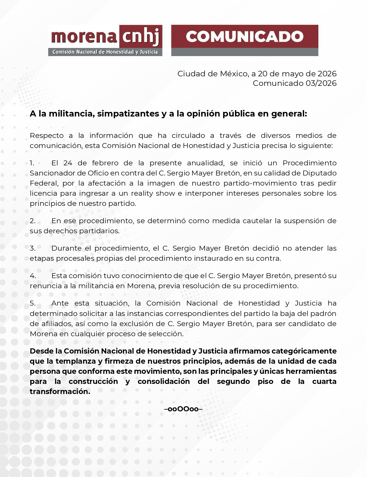 Comunicado Sergio Mayer Morena