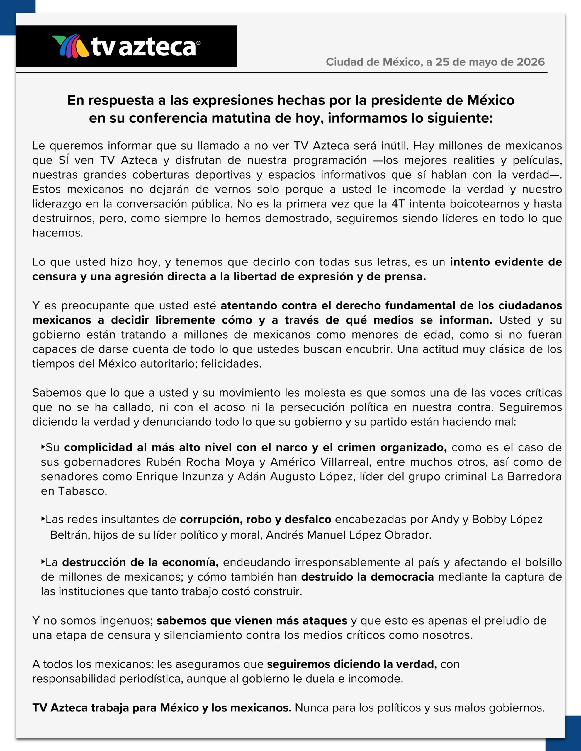 Comunicado TV Azteca