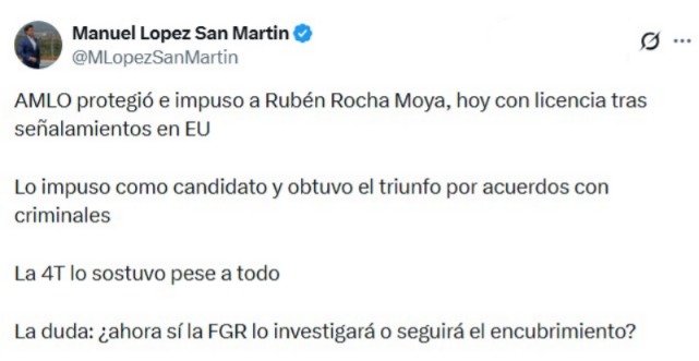López San Martín celebra salida de Rubén Rocha