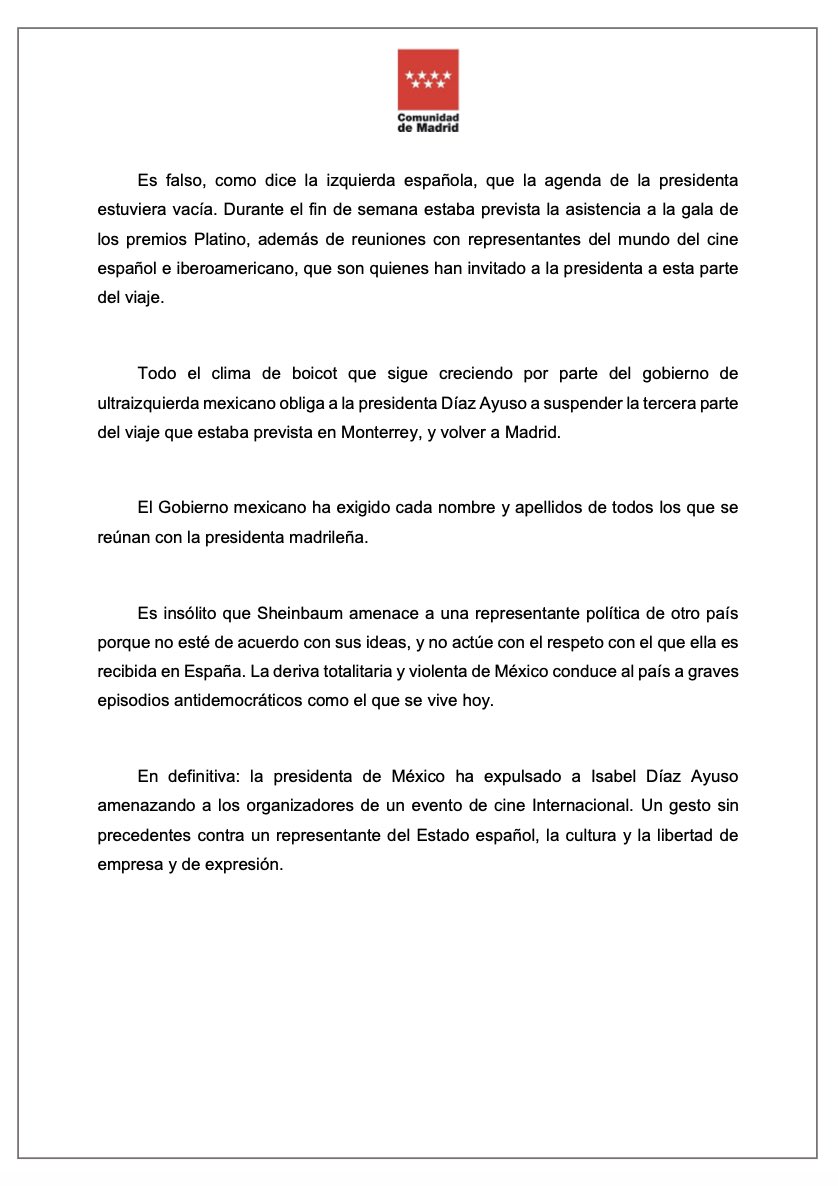 Díaz Ayuso comunicado 