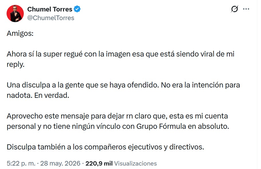 Disculpa Chumel Torres