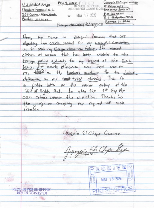 El Chapo envía cuatro nuevas cartas a la Corte de Brooklyn