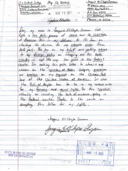 El Chapo envía cuatro nuevas cartas a la Corte de Brooklyn