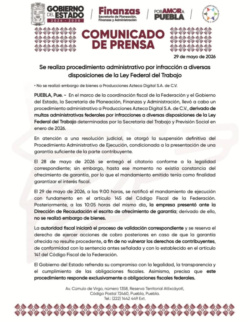 Gob Pue informa caso TV Azteca