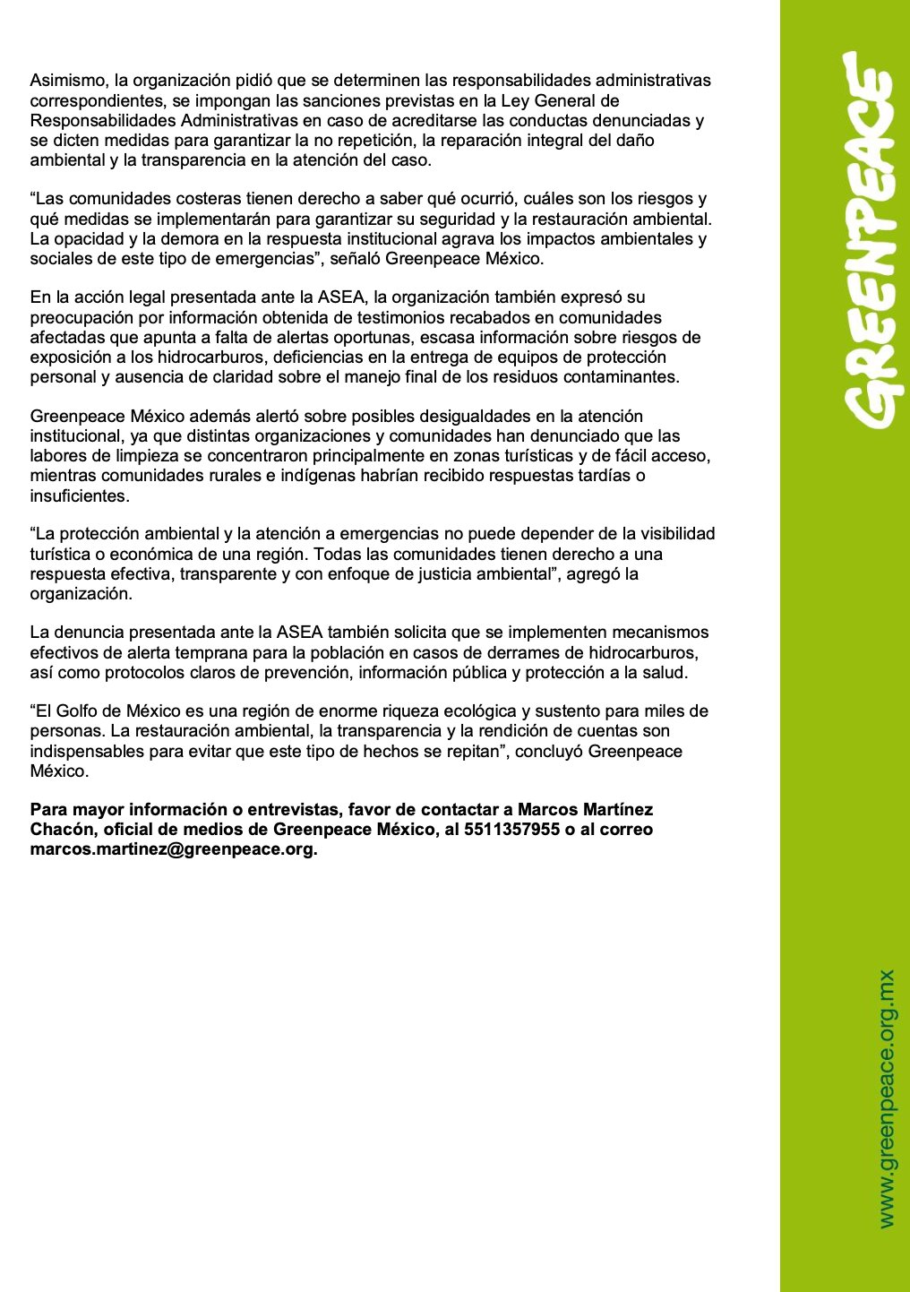 Greenpeace comunicado Pemex
