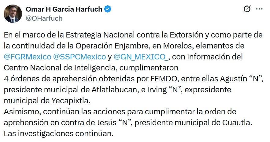 Harfuch reporta detención Morelos