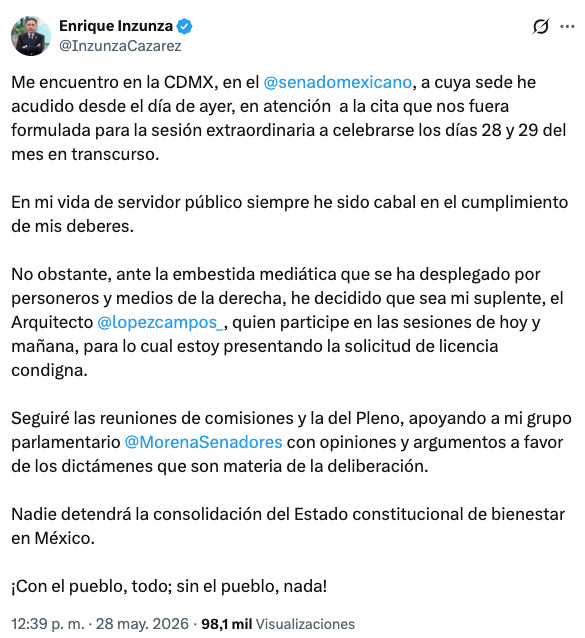 Inzunza pide licencia al Senado por "embestida mediática"
