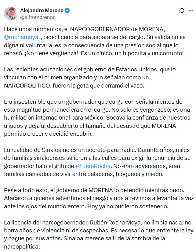 Alito Moreno celebra salida de Rubén Rocha